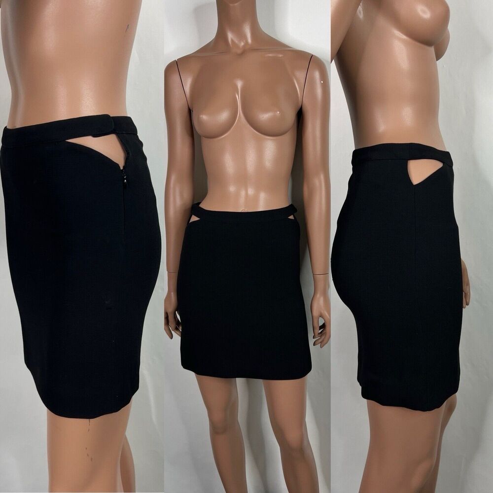 Vtg Gianni Versace Black Wool Cut Out Skirt IT38 US4